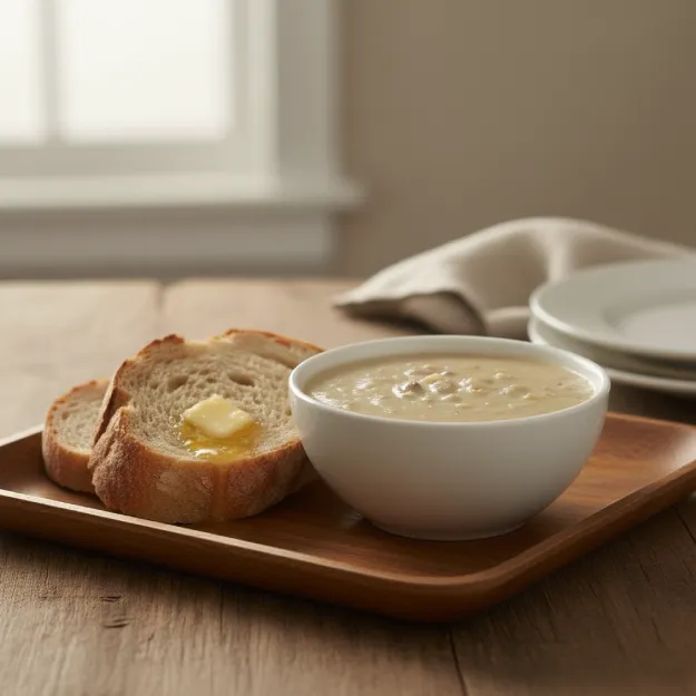 クラムチャウダーとパンのセットの画像